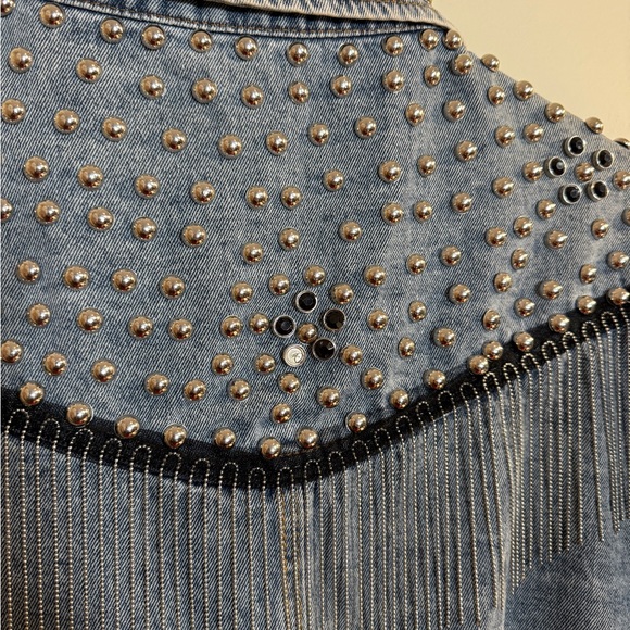 Studded Fringe Light Blue Denim Jacket - Women - Picture 5 of 5